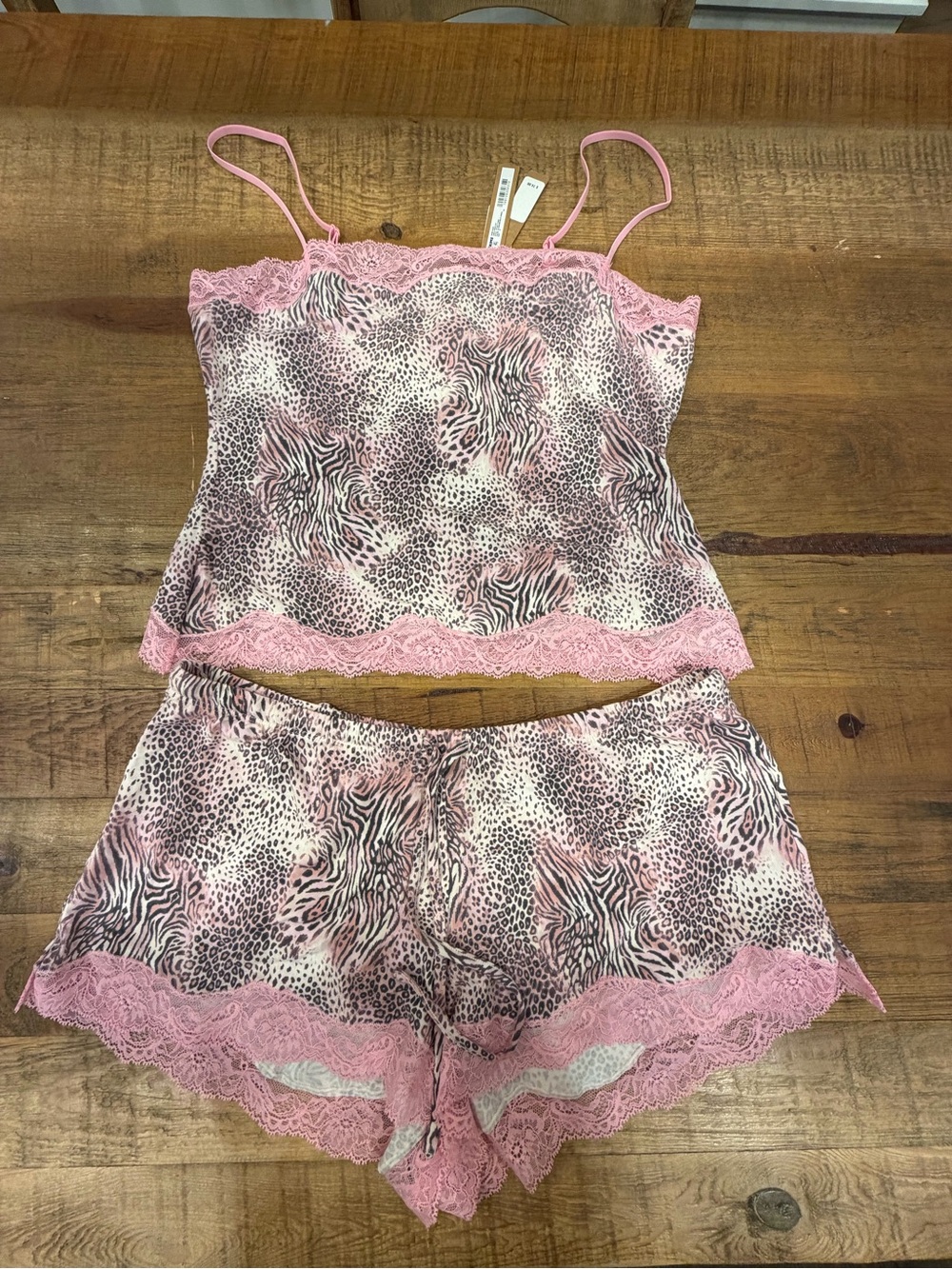 SKIMS Pink Animal-Print Lace Trim Cami & Shorts Set